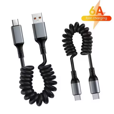 6A USB C to USB C Cable Retractable Spring Fast Charging Cable 25cm to 1M Car Data Sync Cord for iPh