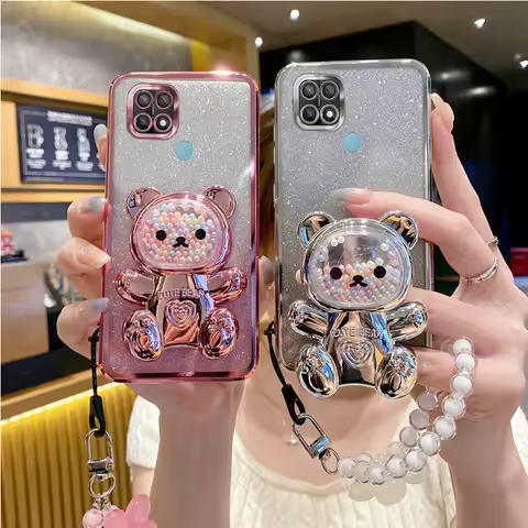 A 15 A 15S A 35 Flower Strap Bear Phone Holder Case On For Oppo A15 A1S5 A35 2021 OppoA15 OppoA15S O