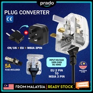 PRADO EU TO MSIA/UK FUSED EURO 2 Pin To 3 Pin Plug Converter Fits 5A Power Fuse Adaptor Penukar Pala