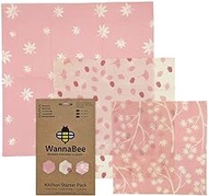 WannaBee Beeswax Wraps, Set of 3 (S, M, L) [Pink Leaf Pattern] Safe for Kids, Stylish, Cute, Earth Friendly, Eco-Friendly, Eco-friendly, Sustainable, Food Wrap, Food Wrap, Expuller, Organic Jojoba Oil