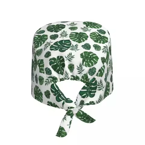 Adjustable Beautiful Green Tropical Leaves Plant Working Hat Women Men Surgical Hat Scrub Nursing Do