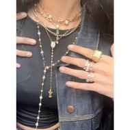 5-pcs retro Madonna cross pendant design with multi-element chain stacking necklace, party music fes