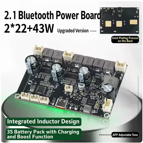 2.1 Channel Bluetooth Audio Amplifier Board 2*22W+43W Subwoofer 3S Battery Charging Boost Module Typ