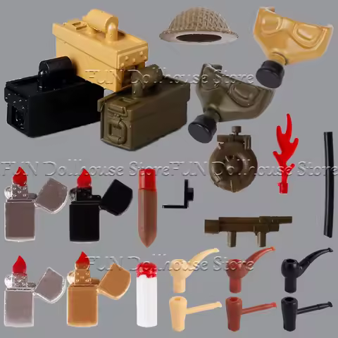 WW2 British Military Soldiers Figures Helmet 3D Printed Building Blocks Gas Mask Flamethrower Lighte