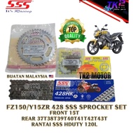 SSS SPROCKET STEEL SET Y15ZR/FZ150/Y16ZR 37T/38T/39T/40T/41T/42T/43T FRONT 15T RANTAI HEAVY-DUTY 120