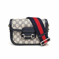 GUCCI Horsebit馬銜扣1955馬鞍包Mini墨藍色帆布銀扣肩背包