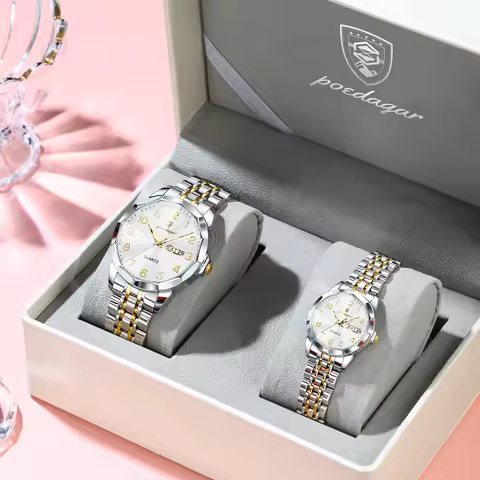 POEDAGAR Fashion Couple Watch Waterproof Date Week Business Couple's Watches Stainless Steel Quartz 