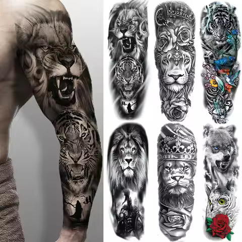 Large Arm Sleeve Lion Crown King Rose Waterproof Temporary Tattoo Sticker Fashion Wild Wolf Tiger Me