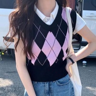 Pink Korean Rose Vest | Women's Knitted Argyle Korean Vest