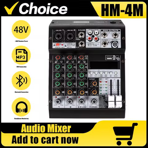 HM-4M Professional 4-Channel Audio Mixer, 99 DSP, USB 48V MP3 Bluetooth, Suitable for PC Recording K