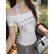 I'Aura Pre-Order | Slanted Shoulder Letter Lace Laced-Up Top _ w9599