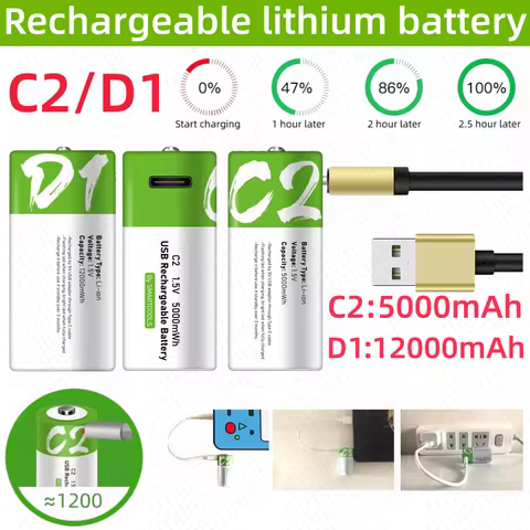 1.5V 5000mWh C Size LR14/LR20 12000mWh D Size Li-po Rechargeable Battery Type-C Ultra-Fast Charging 