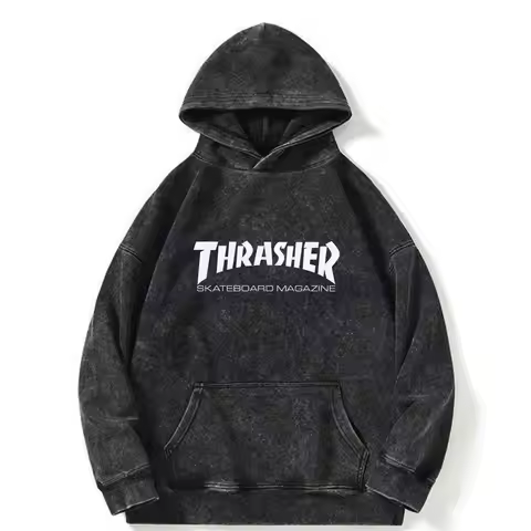 Thrasher Skate Brand Women's Washed Distressed Cotton Hoodie Long Sleeve Casual Pullover