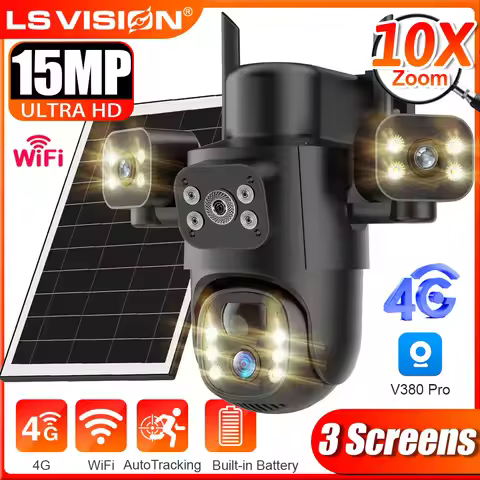 LS VISION 15MP 4G Solar Camera Three Screen Outdoor IP Camera 10X Digital Zoom PTZ PIR Human Detecti