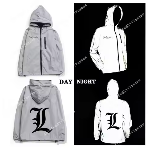Death Note Reflective Jacket Mens Womens L Lawliet Coat Hooded Windbreaker Pocket Jackets Anime Cart