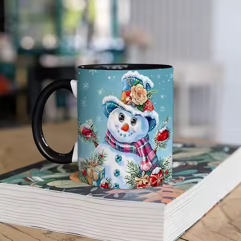 1pc Snowman Pattern Ceramic Coffee Mug with Double-Sided Pattern Design, Reusable, Easy to Hand Wash