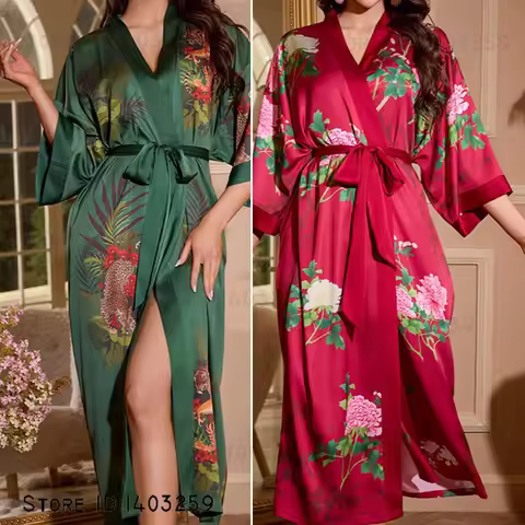 Plus Size Women Long Robe Nightgown Print Flower Kimono Bathrobe Gown Home Dress Silk Satin Sleepwea