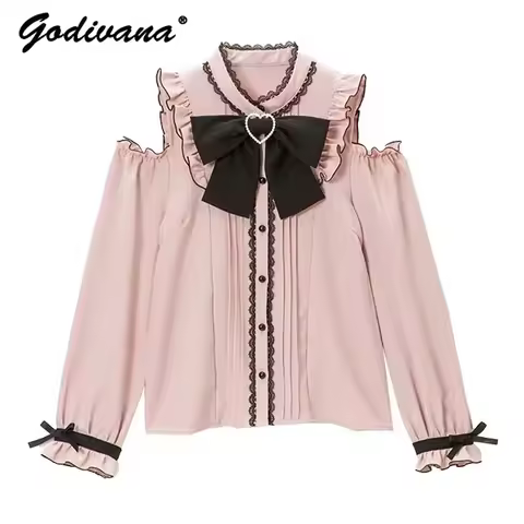 Japanese Style Rojita Shirt 2023 Spring Girl Women's Sweet Bow Off-Shoulder Long Sleeve Tops Love He