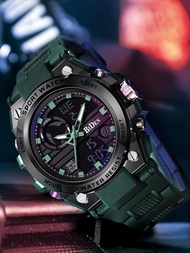 BIDEN男款1入綠色塑料錶帶時尚24小時防水圓錶盤電子手錶，適用於日常裝扮和送父親