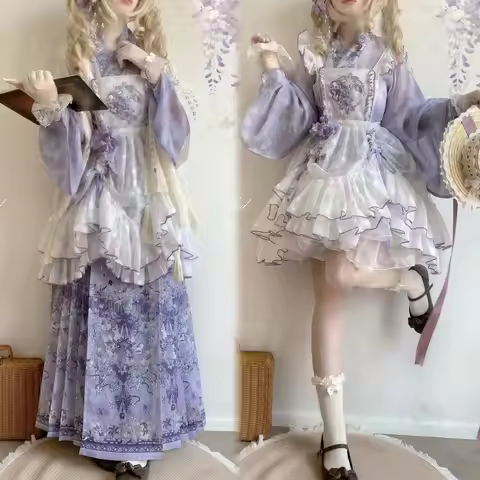 Eclectic The Combination Of Hanfu And Modern Clothing Lolita Print And Embroidered Purple Pink Set E