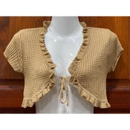 Women's Crochet Ruffle Crop Cardigan - Boho Fairycore Tie Front Bolero Shrug - Beige/Tan Size: XS