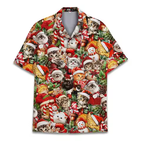 Christmas Hat Animal Graphic Blouse Santa Hawaiian Shirt Men Women Youth, Funny Raccoon Cat Shirts H