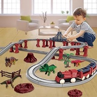 HSEONEJIA Toddler Electric Train Set with Dinosaur 78PCS, Track Compatible with Wooden Railway and Fits Thomas, Brio, Melissa &amp; Doug, Educational Toy for Kids 3-14 Year Old Boys and Girls (Red)