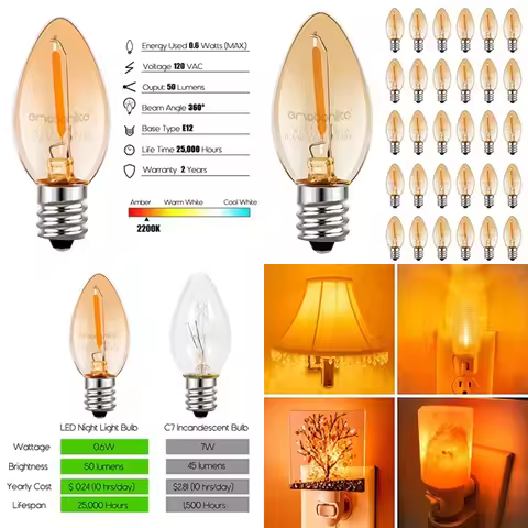 Night Light Bulbs, Amber LED C7 Bulb, 4W-7W Equivalent, E12 Candelabra Base, Salt Lamp and Nightligh