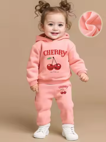 A two-piece set of cute cherry English printed fleece hoodie and pants for newborn girls in autumn a
