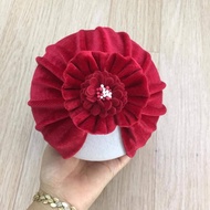 Red velvet hat with flower bow for baby