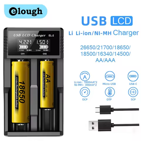 Elough Battery Charger 1/2/4 Slots Dual Charging 3.7V Rechargeable Lithium Battery USB Charger For 1