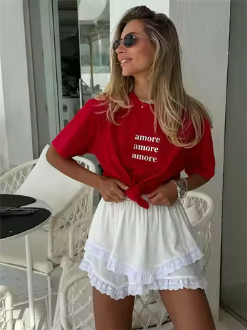 Red T-Shirt with Amore Amore Amore Print Women's T-Shirt Simple Design Summer Fashion Tee Boutique D