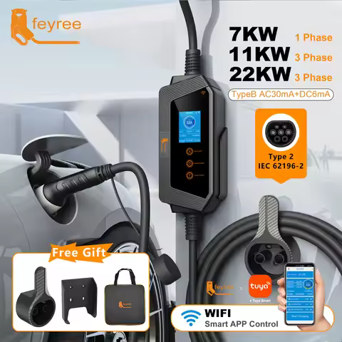 feyree Portable EV Charger Type2 22KW 11KW 3P Fast Charging 32A 7KW 1P Smart APP Wi-Fi Control for E