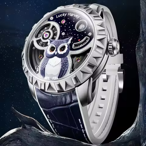 Lucky Harvey OWL Series Men's Mechanical Watch 28800 VPH 40H Power Reserve 3D Relief Unique Wristwat