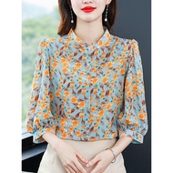 🍄Ready Stock 3/4 Sleeve Chiffon Shirt Printed Korean Style Plus Size Blouse Bunga Muslimah Clothes Women Blause Wanita Baju Kemeja Perempuan