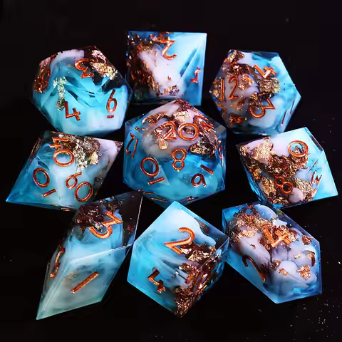 9 Polyhedral Resin Dice DD Set Gold Foil Blue Sky Cloud