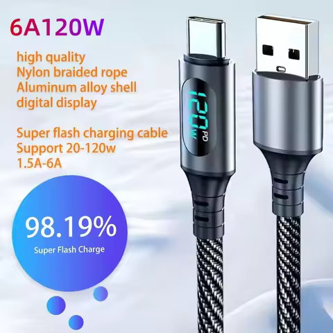 PD 120W Fast Charging Digital Display 6A Type C To Type C Cable USB To Type C Charging Wire USB-C To
