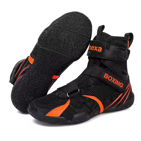 C661 Breathable Mesh Boxing Wrestling Shoes for Teenagers, Hook and Loop High Top Anti-slip Weightli