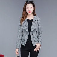 S-4XL Women Blazer Jacket Short Plaid Check Zipper Slim Spring Autumn Fashion Casual Elegant Business Office Work Suit Plus Size Gray