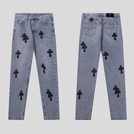 Chrome hearts 牛仔褲 CH水洗做舊十字架拼皮牛仔褲