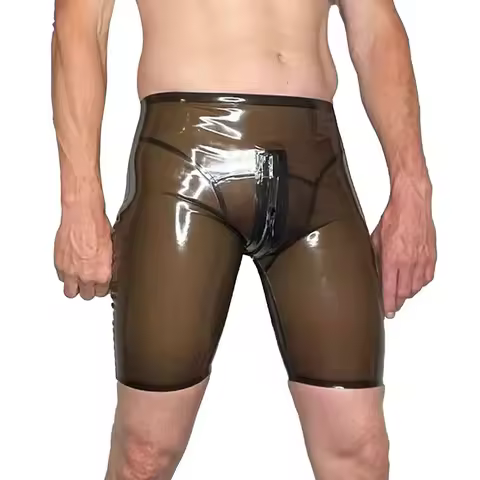 Mens Latex Shorts Underwear Crotch Zipper Rubber Pants BDSM Fetish Cosplay