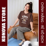 Fashionable women's home wear Set, women's cotton shirt, fashionable elastic waist checkered pants k