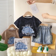 Fashionable summer new casual children boys solid color splicing denim car round neck short sleeved/