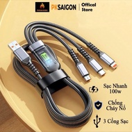 100W 3-Head Fast Charging Cable, 1m2 Long, Supports 3-in-1 Fast Charging, Anti-Breakage, Anti-Tangle