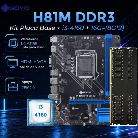 Soyo H81M Gaming Motherboard Kit Set with I3-4160 Cpu + 16Gb Ram (8g*2) with Tpm Module, Lga 1150 So