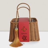 HY/🔥Vintage Rattan Basket Hand Bag Tea Set Storage Basket New Year Festival Hand Gift Box Japanese Picnic Casual Bag WL4