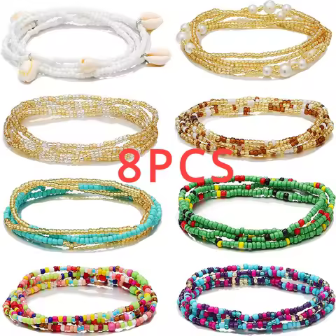8PCS African Waist Beads for Women Teen Girls Elastic Layered Belly Bead Body Chain Waist Beads Pack