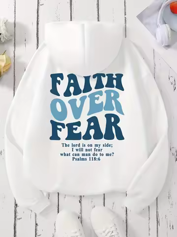 Faith Over Fear Print Kangaroo Pocket Hoodie, Casual Long Sleeve Drawstring Hooded Sweatshirt, Women