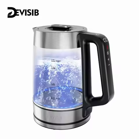DEVISIB Dual Wall Electric Glass Kettle, Live Temperature Display, 2200W Fast Boiling, Temperature C