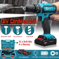 2 Speed Cordless Drill Electric Screwdriver 2 Batteries Impact Drill Power Driver 3-IN-1 Electric Drill Power Tool 32V